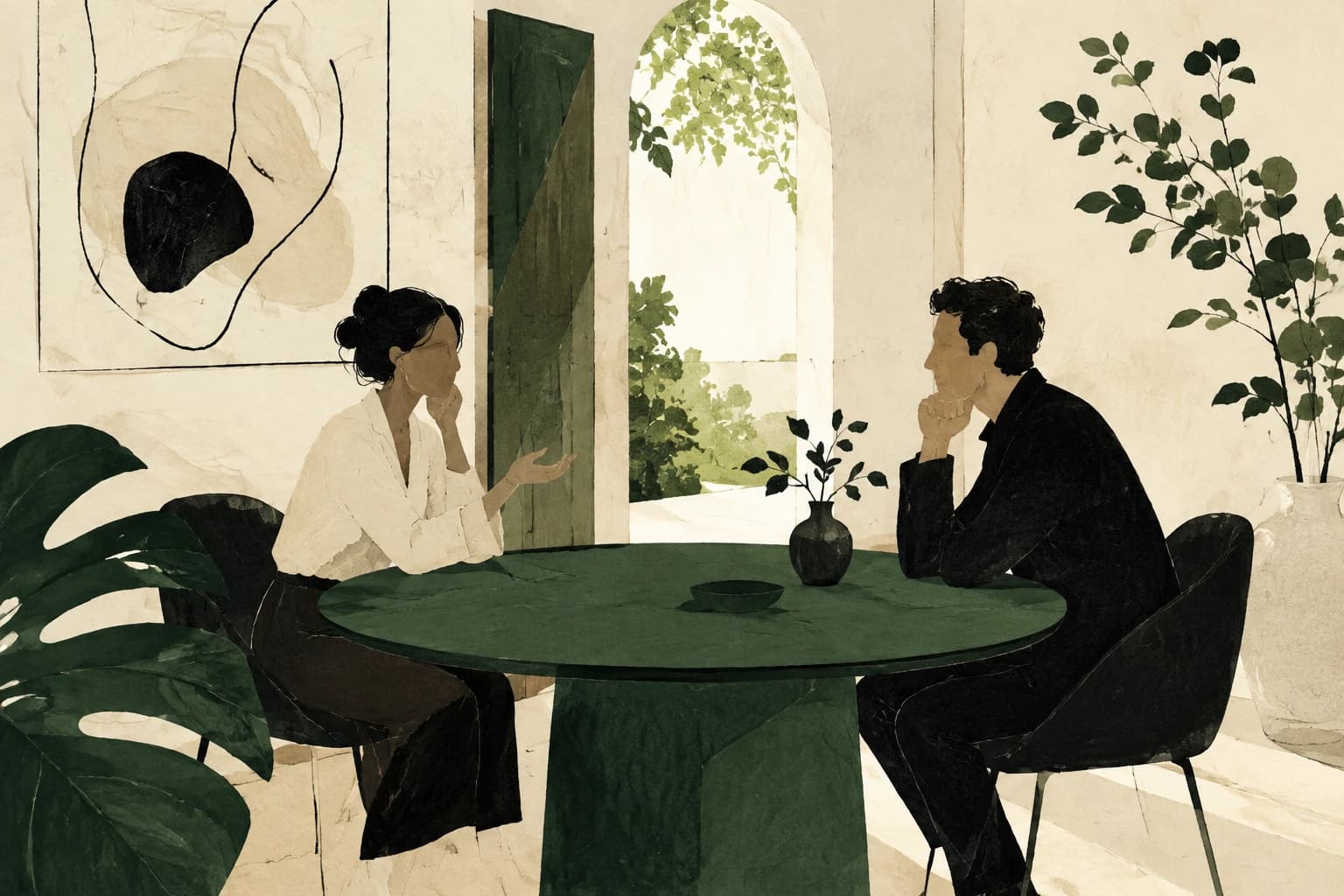 Two people converse across a green table in a sunlit room.